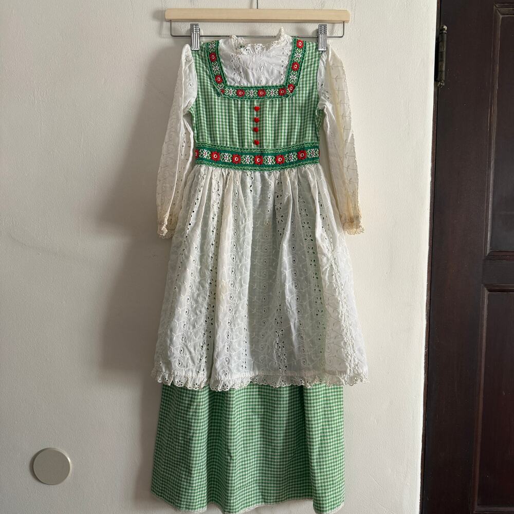 70s Vintage Dorissa of Miami Girls Gingham Pinafore Style Dirndl Style Dress 4